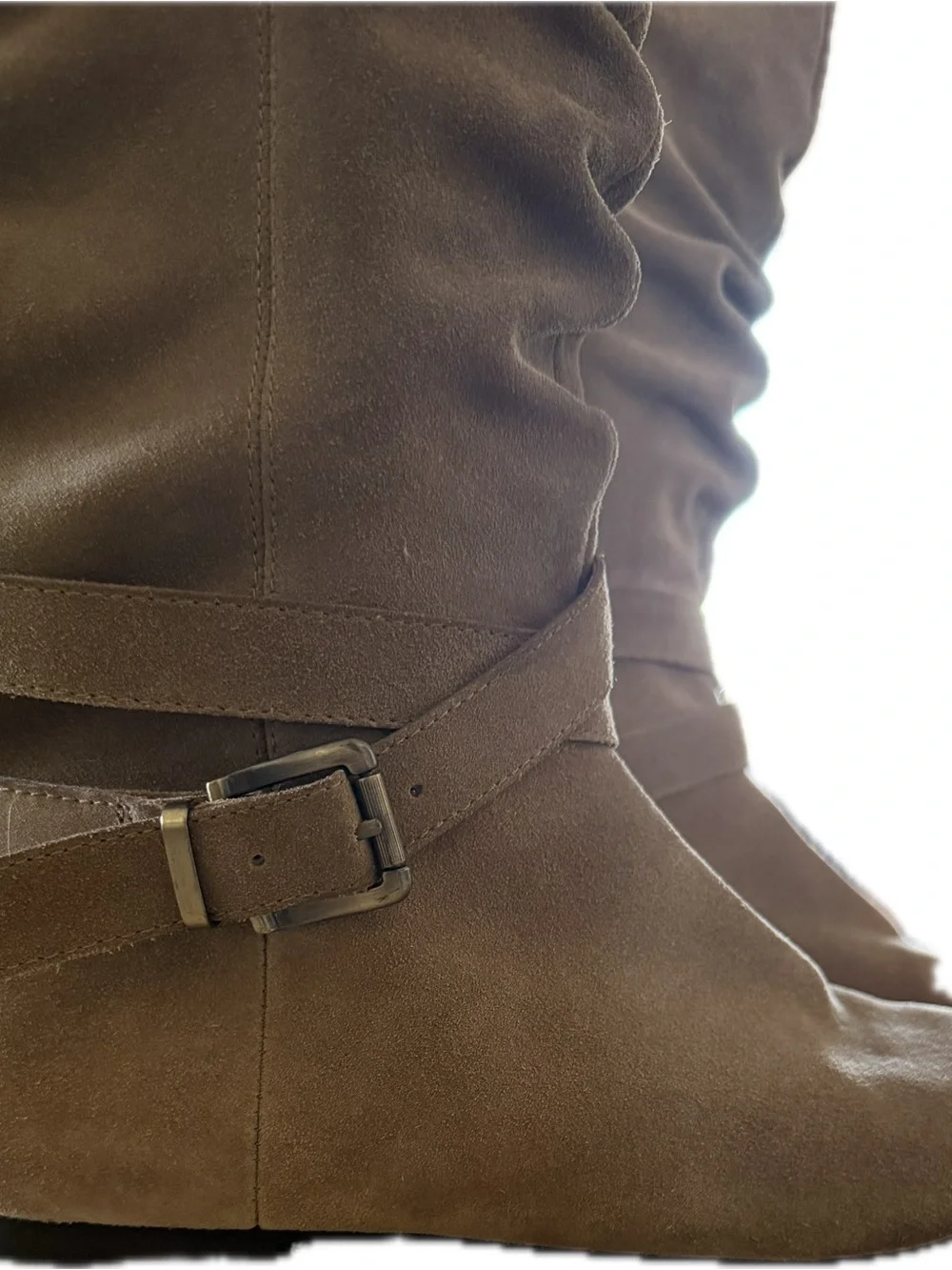 BCBGeneration Tan Suede Knee Length Boots with Pocket Accent and Low Heel